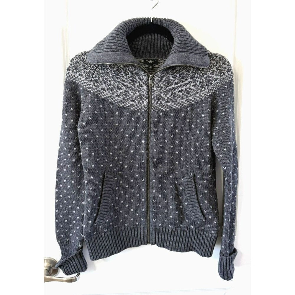 Talbots Woman Gray Fair Isle Full Zip Cardigan Sweater Hearts Wool Blend SP